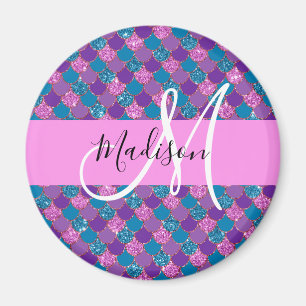 Glam Lila Sjöjungfru Glitter Sparkles Monogram Nam Magnet