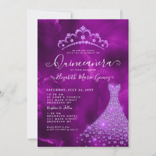 Glam Lila Violet Diamond Tiara Dress Quinceanera Inbjudningar