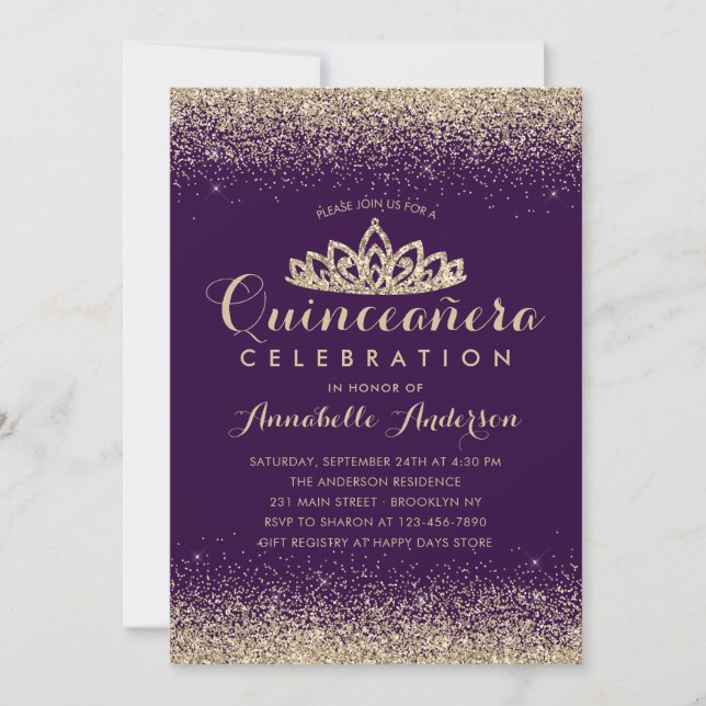 Glam Lila Violet Quinceañera Guld Tiara Glitter Inbjudningar (Framsida)