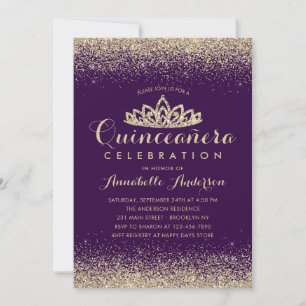Glam Lila Violet Quinceañera Guld Tiara Glitter Inbjudningar
