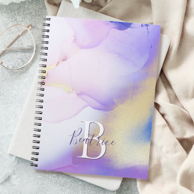 Glam Lilac Guld Abstrakt Paint Elegant Monogram Anteckningsbok (Skapare uppladdad)