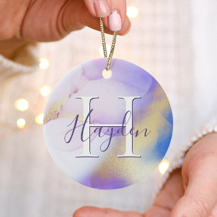 Glam Lilac Guld Abstrakt Paint Elegant Monogram Julgransprydnad Keramik