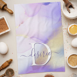 Glam Lilac Guld Abstrakt Paint Elegant Monogram Kökshandduk