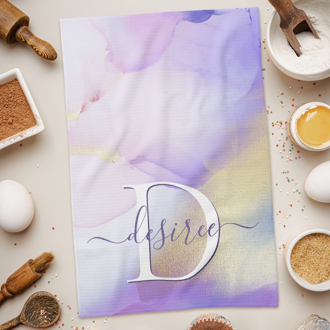 Glam Lilac Guld Abstrakt Paint Elegant Monogram Kökshandduk (Skapare uppladdad)