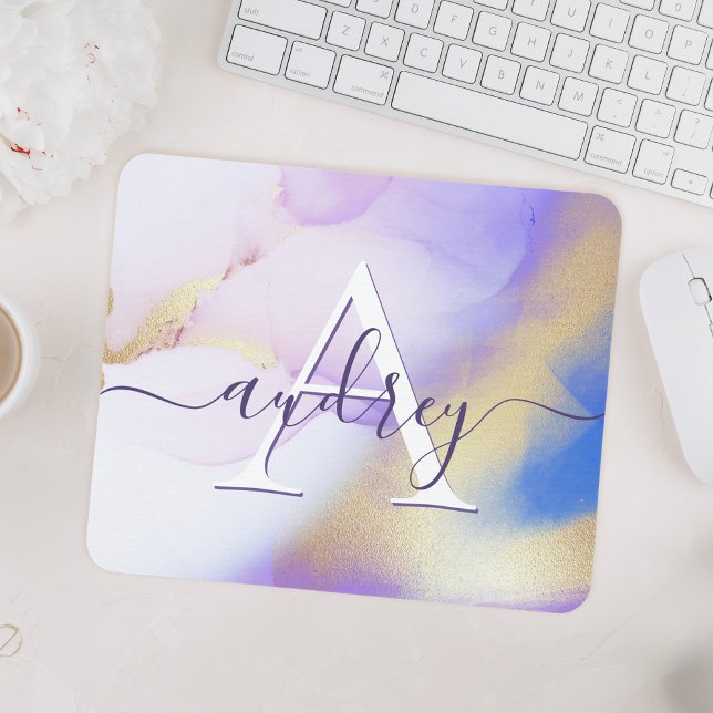 Glam Lilac Guld Abstrakt Paint Elegant Monogram Musmatta (Skapare uppladdad)
