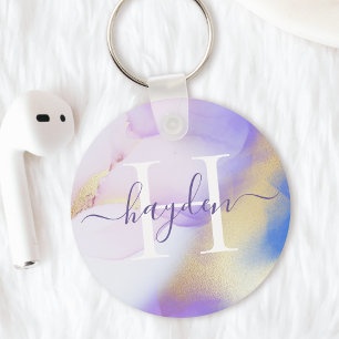 Glam Lilac Guld Abstrakt Paint Elegant Monogram Nyckelring