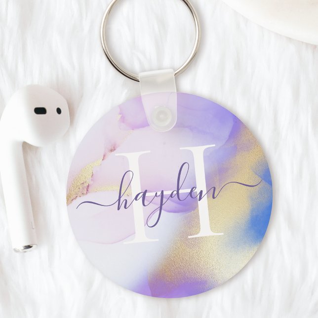 Glam Lilac Guld Abstrakt Paint Elegant Monogram Nyckelring (Skapare uppladdad)