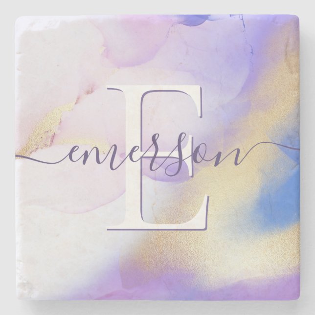 Glam Lilac Guld Abstrakt Paint Elegant Monogram Stenunderlägg (Framsidan)
