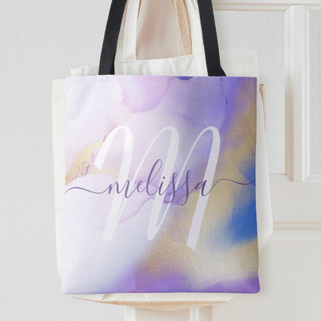 Glam Lilac Guld Abstrakt Paint Elegant Monogram Tygkasse (Skapare uppladdad)