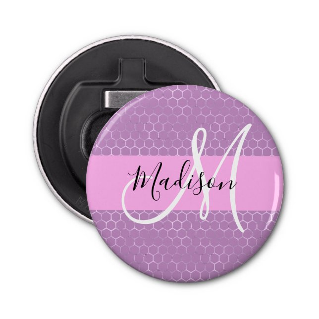 Glam Lilac Metallic Rosa Honeycomb Monogram Namn Flasköppnare (Framsidan)