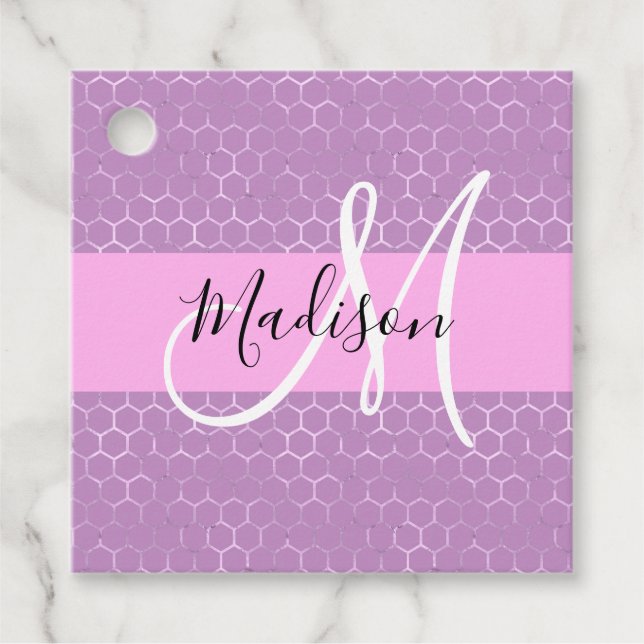 Glam Lilac Metallic Rosa Honeycomb Monogram Namn Gåvor Etiketter (Framsida)
