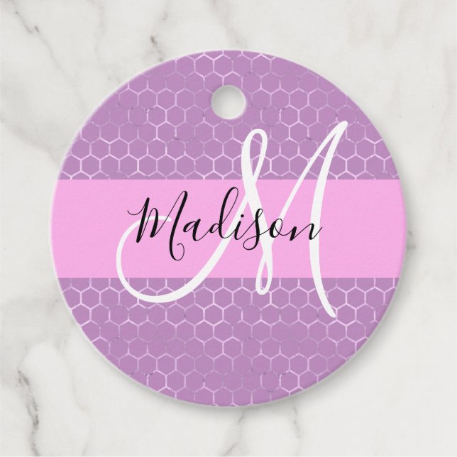 Glam Lilac Metallic Rosa Honeycomb Monogram Namn Gåvor Etiketter (Framsida)