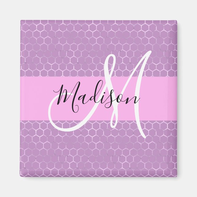 Glam Lilac Metallic Rosa Honeycomb Monogram Namn Magnet (Framsidan)