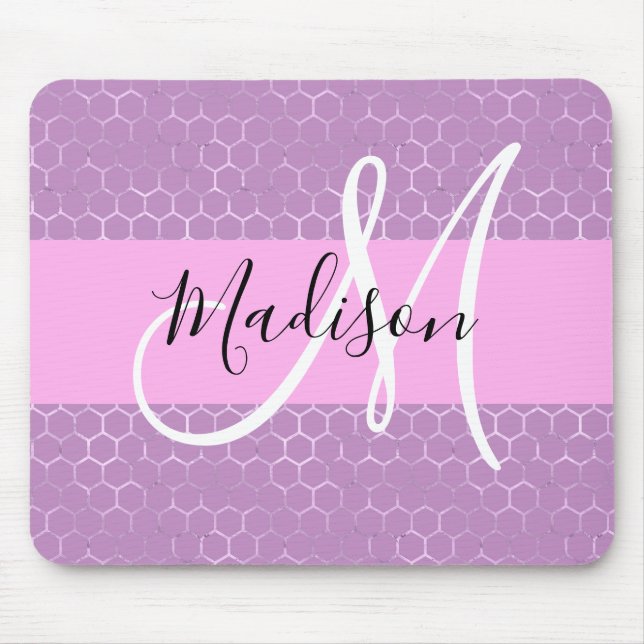 Glam Lilac Metallic Rosa Honeycomb Monogram Namn Musmatta (Framsidan)