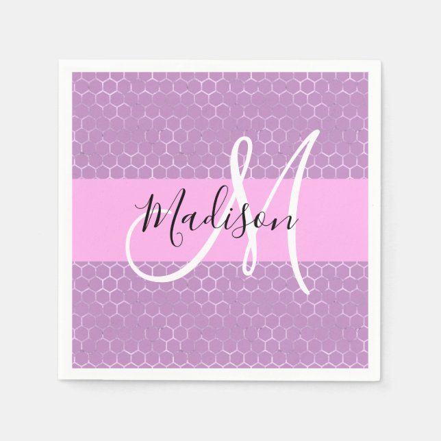Glam Lilac Metallic Rosa Honeycomb Monogram Namn Pappersservett (Framsidan)