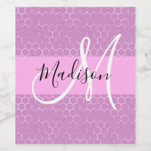 Glam Lilac Metallic Rosa Honeycomb Monogram Namn Vinflaska Etikett