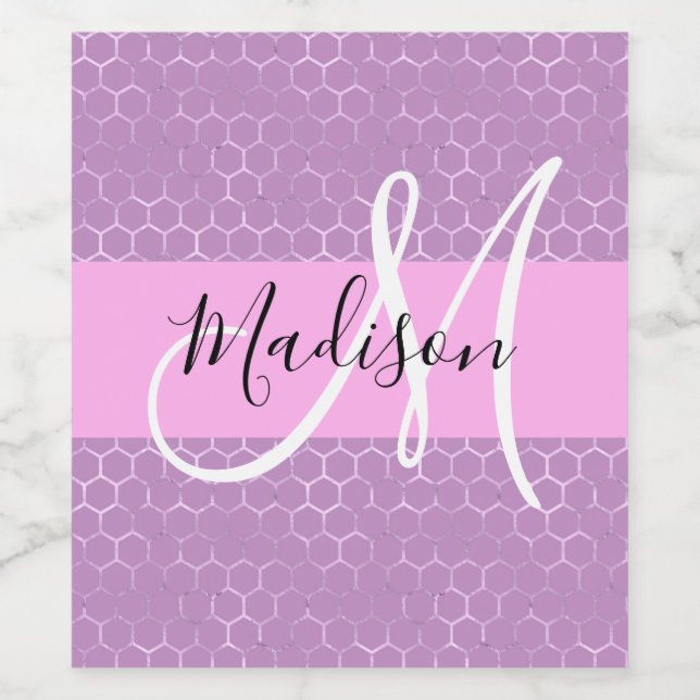 Glam Lilac Metallic Rosa Honeycomb Monogram Namn Vinflaska Etikett (Singel etikett)