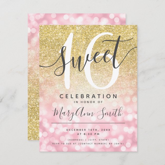 Glam Ljus 16:e födelsedagen ro Guld & Guld Glitter Inbjudningar (Fram/baksida)