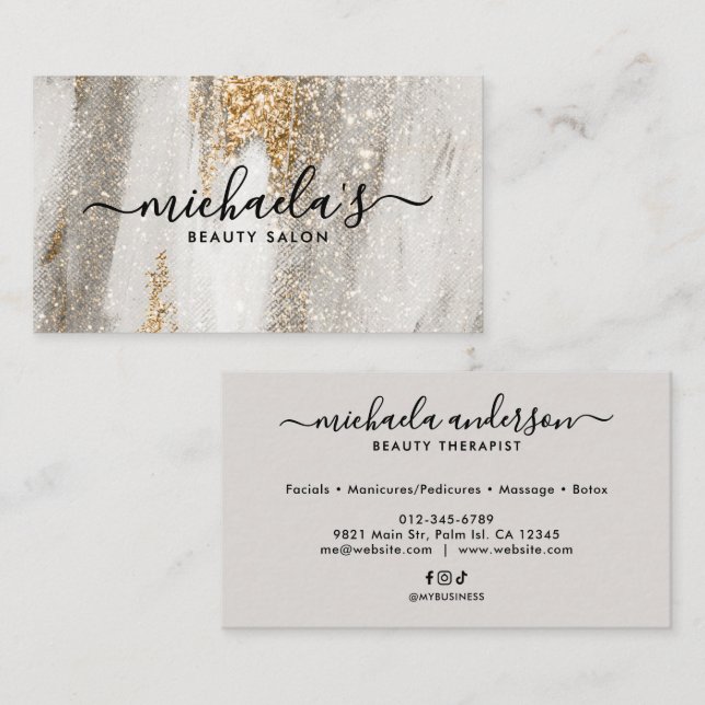 Glam Luxe Falsk Guld Glitter Elegant Skriftstil Visitkort (Fram/baksida)