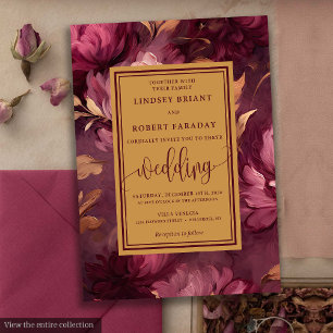 Glam Luxury Maroon  Guld Blommigt Bröllop Inbjudningar