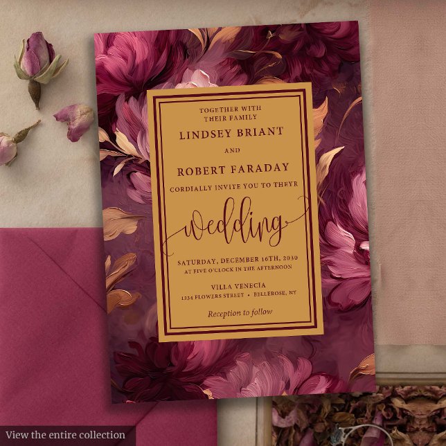 Glam Luxury Maroon  Guld Blommigt Bröllop Inbjudningar (Glam Luxury Maroon Blush Gold Floral Wedding Invitation)