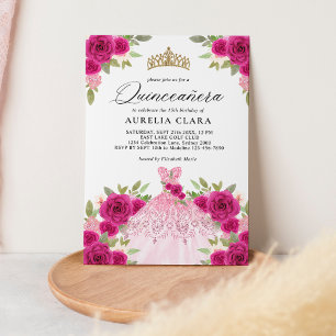 Glam Magenta Rosa Dress Blommigt 15th Quinceañera Inbjudningar