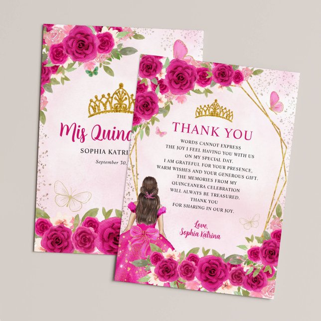 Glam Magenta Rosa Guld Blommigt Princess Quinceañe Tack Kort (Skapare uppladdad)