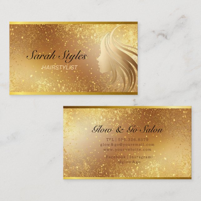 Glam Makeup Artist Hair Stylist Guld Glitter Stars Visitkort (Fram/baksida)
