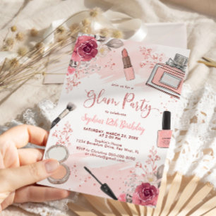 Glam Makeup Födelsedagsfest Rosa Spa Party Inbjudningar