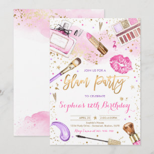 Glam Makeup Födelsedagsfest Rosa Spa Party Inbjudningar