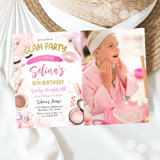 Glam Makeup Girl Birthday Rosa Spa Party Photo Inbjudningar
