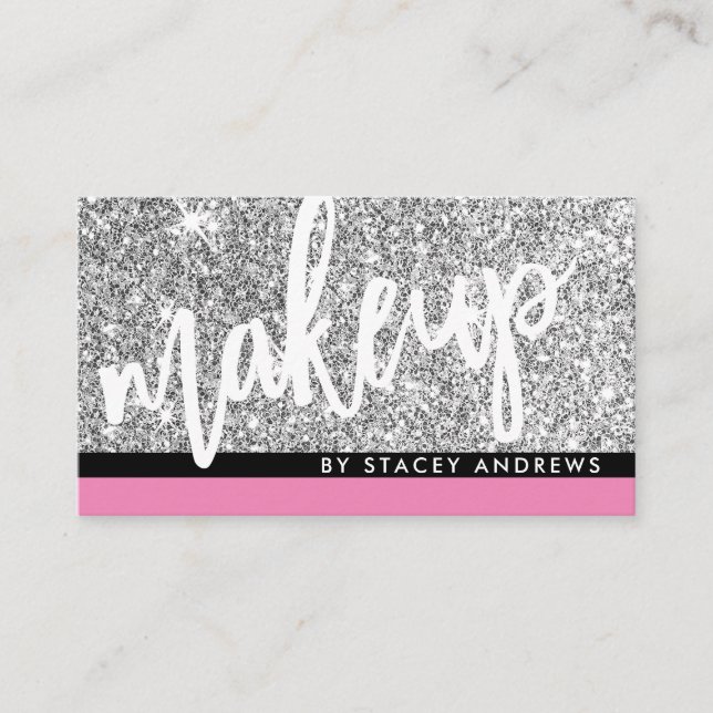 GLAM MAKEUP-penselskript silver glitter rosa svart Visitkort (Framsida)
