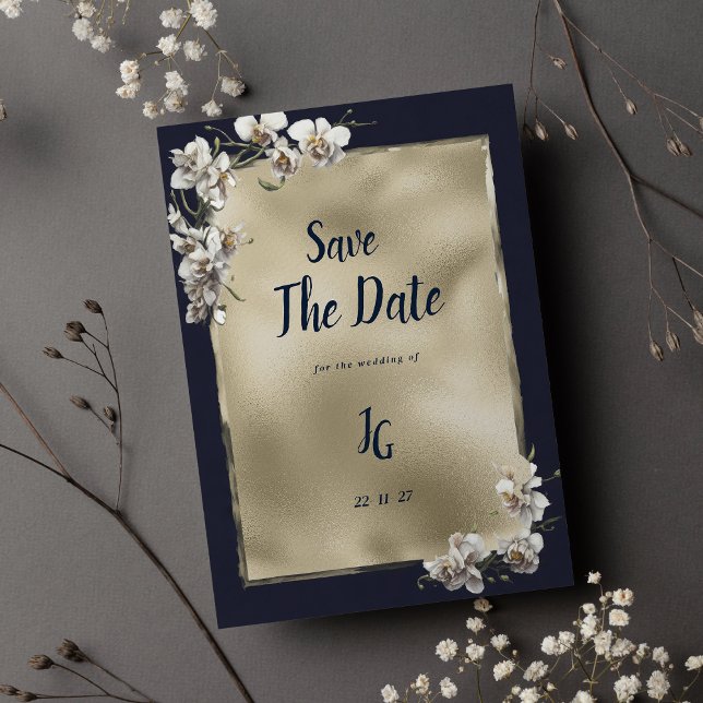 Glam marin blå guld vit orkid Spara datum Inbjudningar (Glam navy blue gold white orchid Save The Date)