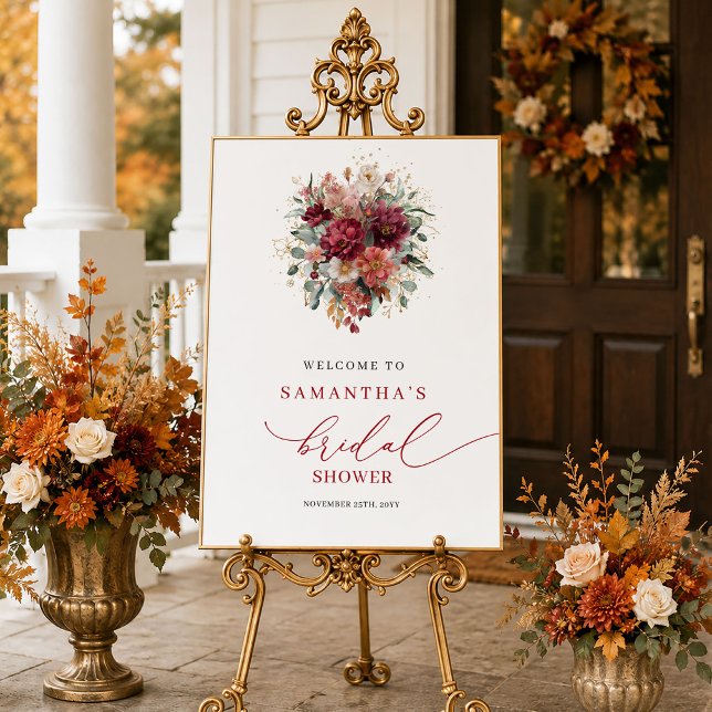 Glam marin blommande bröllopsdusch-välkomstskylt f poster (Glam maroon floral fall bridal shower welcome sign

)