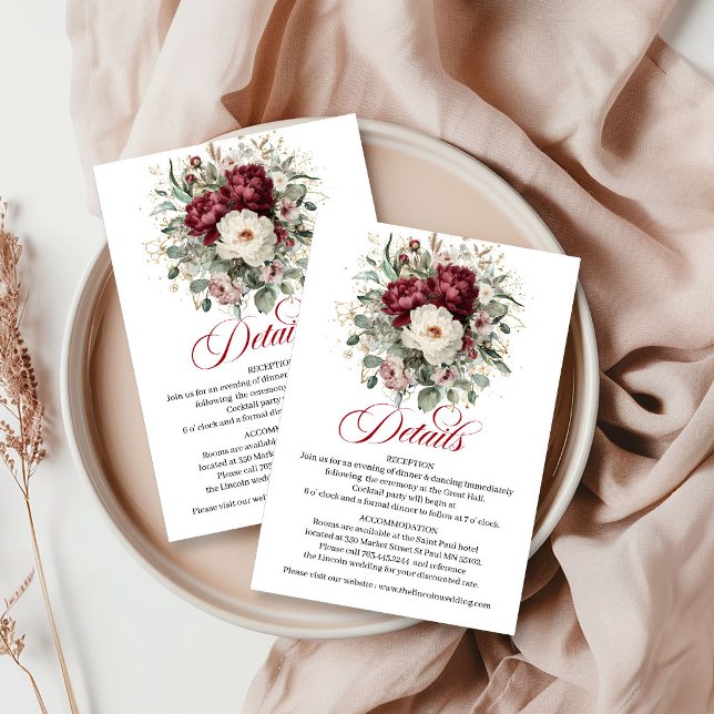 Glam Marsala Blommig Eukalyptus Guld Bröllopsinfor Tilläggskort (Glam Marsala Floral Eucalyptus Gold Wedding Info Card)