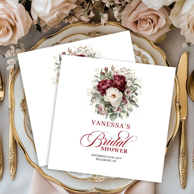Glam Marsala Blommiga Guld Bröllopsfest Servetter (Glam Marsala Floral Gold Bridal Shower Napkins)