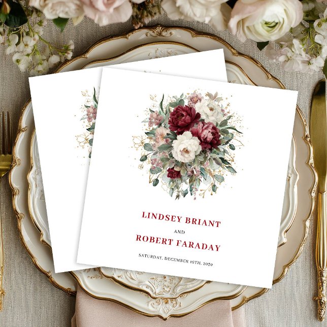 Glam Marsala Blommor Grönt Guld Bröllop Servetter (Glam Marsala Floral Greenery Gold Wedding Napkins)