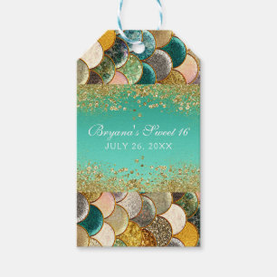Glam Mermaid Guld Teal Fjäll Födelsedagsfest Förmå Presentetikett