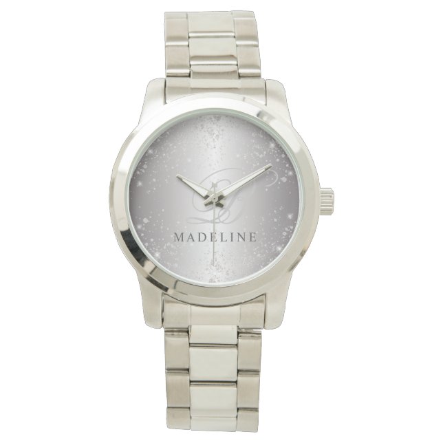 Glam Metallic Silver Glitter Anpassade Namn Armbandsur (Framsida)