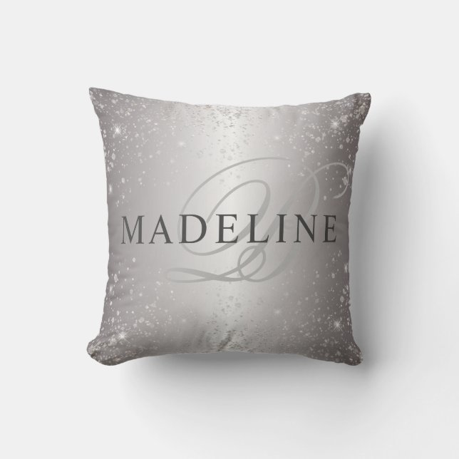 Glam Metallic Silver Glitter Anpassade Namn Kudde (Framsida)
