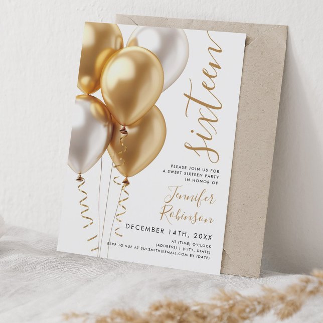 Glam Minimal Guld-ballonger Sweet 16 Birthday Inbjudningar (Glam Minimal Gold Balloons Sweet 16 Birthday Invitation)