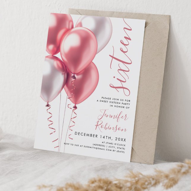 Glam Minimal  Rosa Buboner Sweet 16 Birthday Inbjudningar (Glam Minimal Blush Pink Balloons Sweet 16 Birthday Invitation)