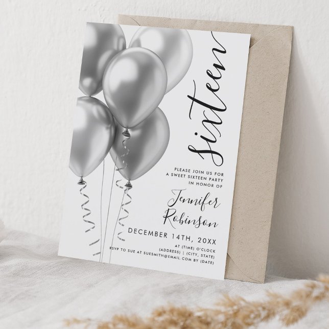 Glam Minimal Silver-ballonger Sweet 16 Birthday Inbjudningar (Glam Minimal Silver Balloons Sweet 16 Birthday Invitation)
