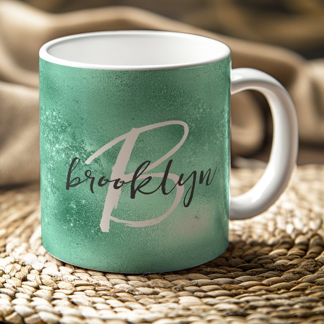 Glam Mintgrön Trendig Skriptmonogram Kaffemugg (Skapare uppladdad)