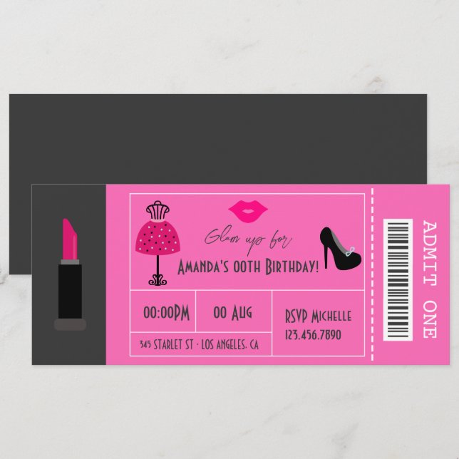 Glam Mode Show Party Night Flickas Biljett Inbjudningar (Fram/baksida)