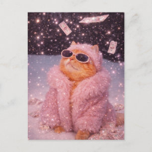 Glam Money Katt i rosa pälsrock och solglasögon Vykort