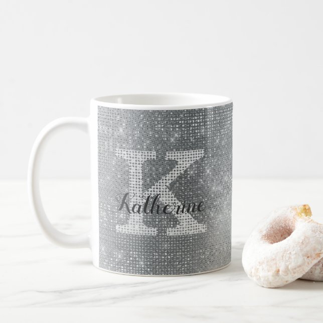 Glam Monogram Namn, Girel, Gnistra Silver Kaffemugg (Med munk)