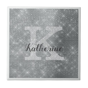 Glam Monogram Namn, Girel, Gnistra Silver Kakelplatta