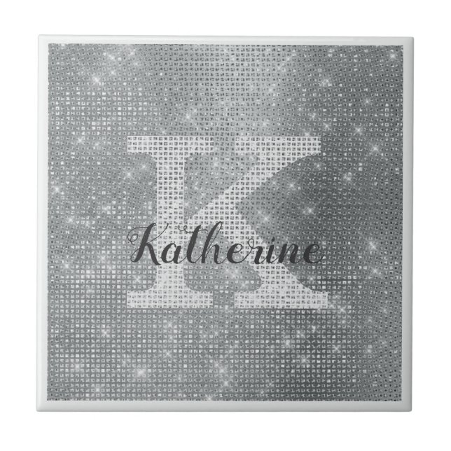 Glam Monogram Namn, Girel, Gnistra Silver Kakelplatta (Framsidan)