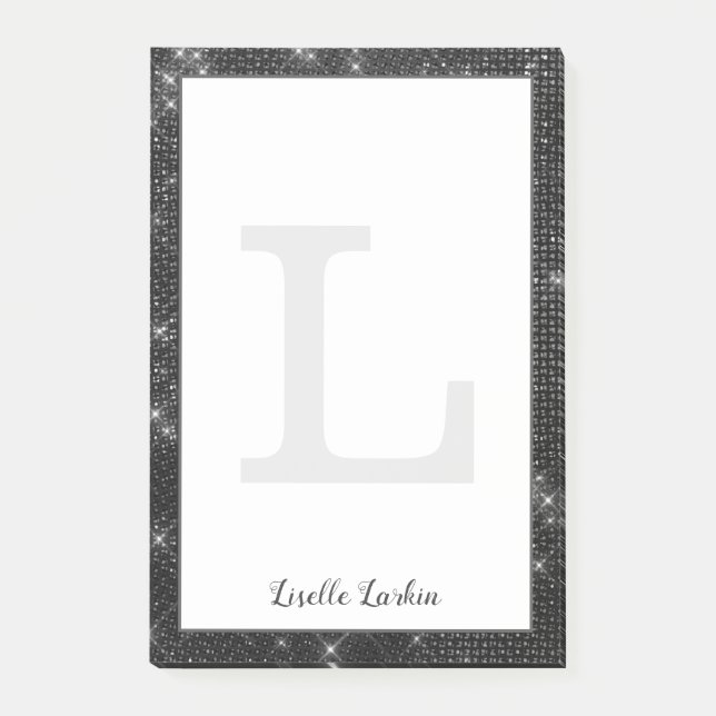 Glam Monogram Namn, svart, Glitter Post-it Block (Framsida)